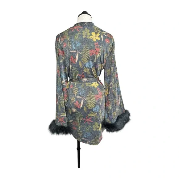 Savage X Fenty Trophy Wife Robe Metallic Island Print Sleeves Faux Fur Size M/L - Picture 9 of 16